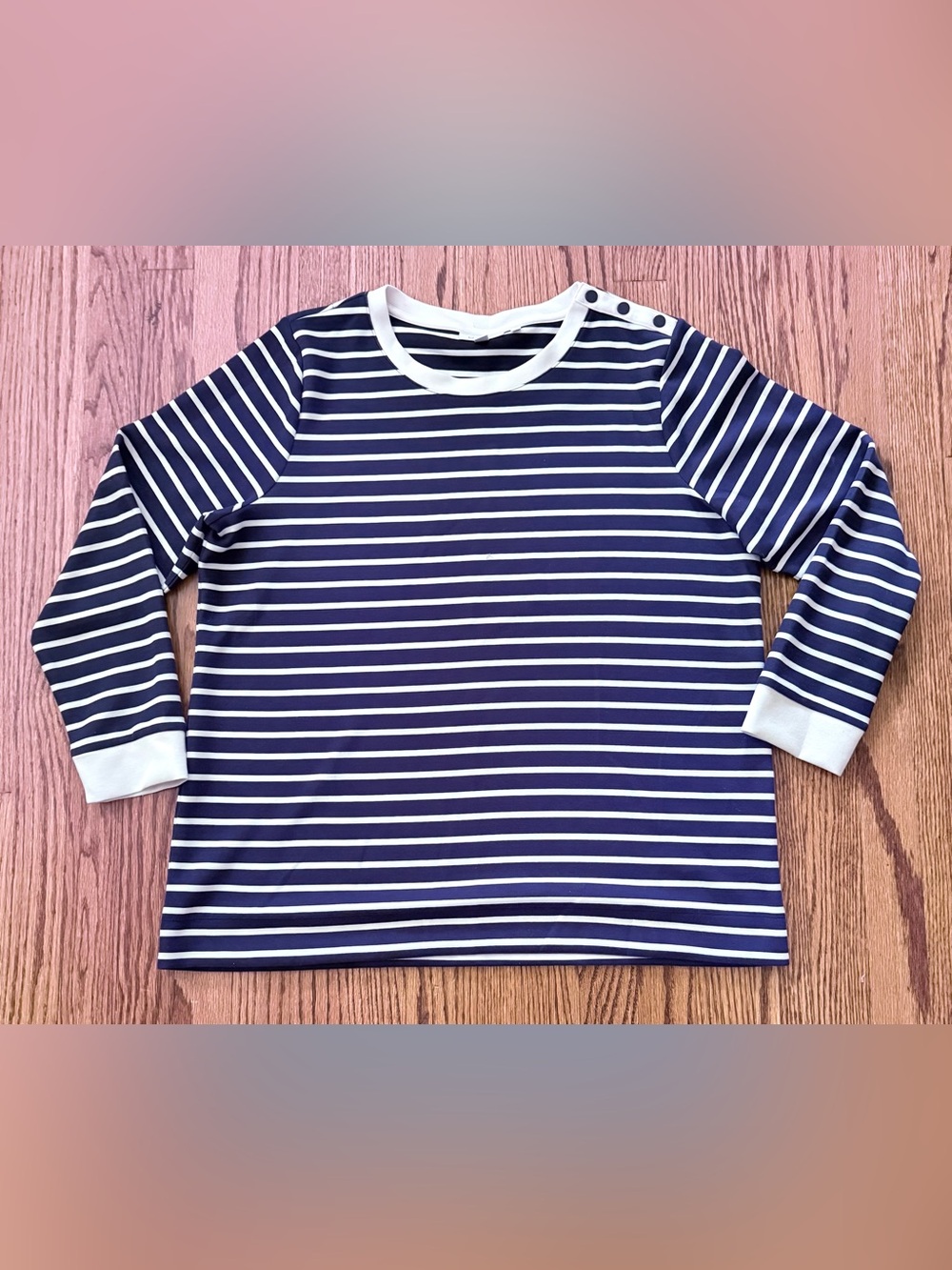 Chico's XL Navy/White Striped Crew Neck 3/4 Sleeve Button Pullover Top
